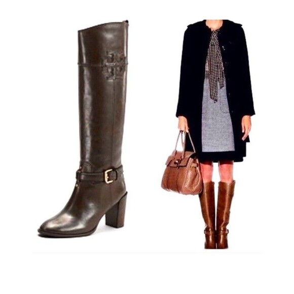 TORY BURCH Blaire T-logo Heeled Knee Boots Dark Brown LeatherSize 7 M